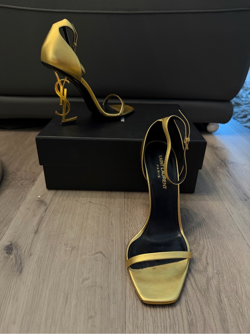 Saint Laurent Gold Opyum Ankle-Strap Sandals 110 YSL HEEL